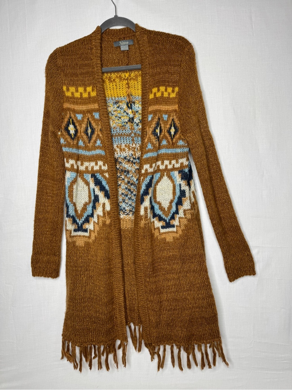 Natural Reflections Womens Southwestern Open Sweater Cardigan Long Fringe Aztec